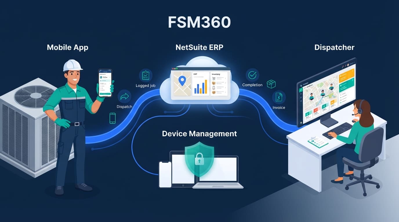 FSM360: NetSuite Field Service Management on desktop with the Wenable field technician app on mobile.